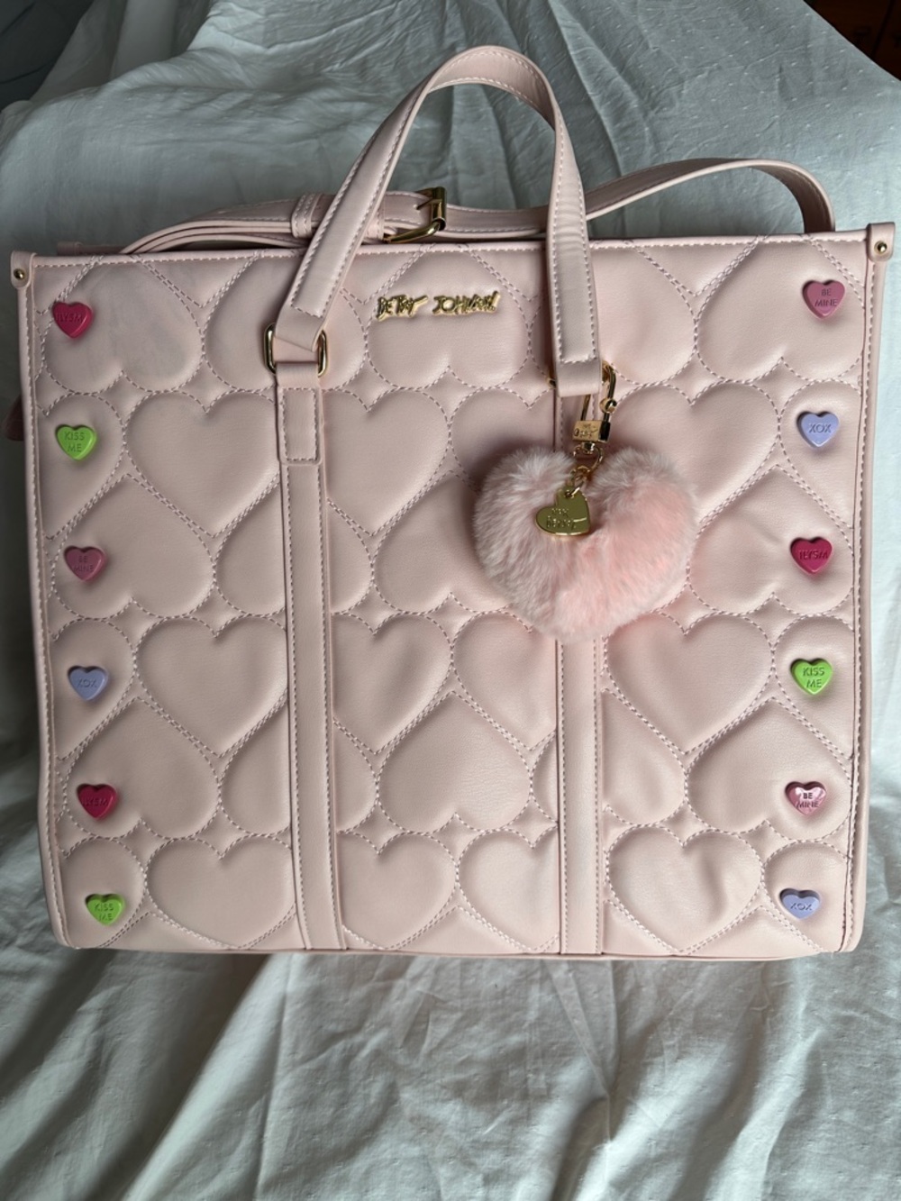 Betsey Johnson Pale Pink Quilted Heart Tote with Fuzzy Heart Charm